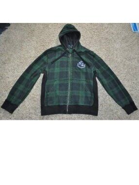 Tommy Hilfiger Jacket L Mens Green Plaid Heavyweight Winter Zip Up Hooded